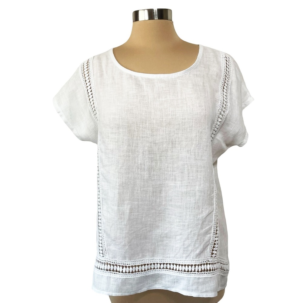 Alessia Pacini Made In Italy White Linen Lace Trim Top Cap Sleeve Blouse Sz S